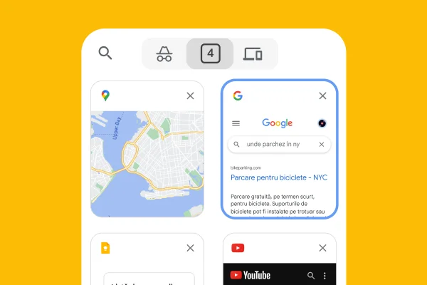 Un browser mobil încarcă file dintr-un browser pentru computer, inclusiv Google Maps și informații despre parcarea în NYC.