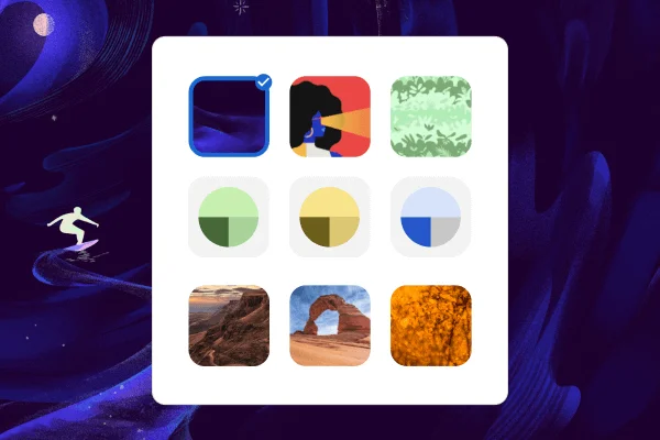 Az ikonok kilenc különböző témát képviselnek. Ha a felhasználó rákattint az egyik témára, módosul a háttérkép.