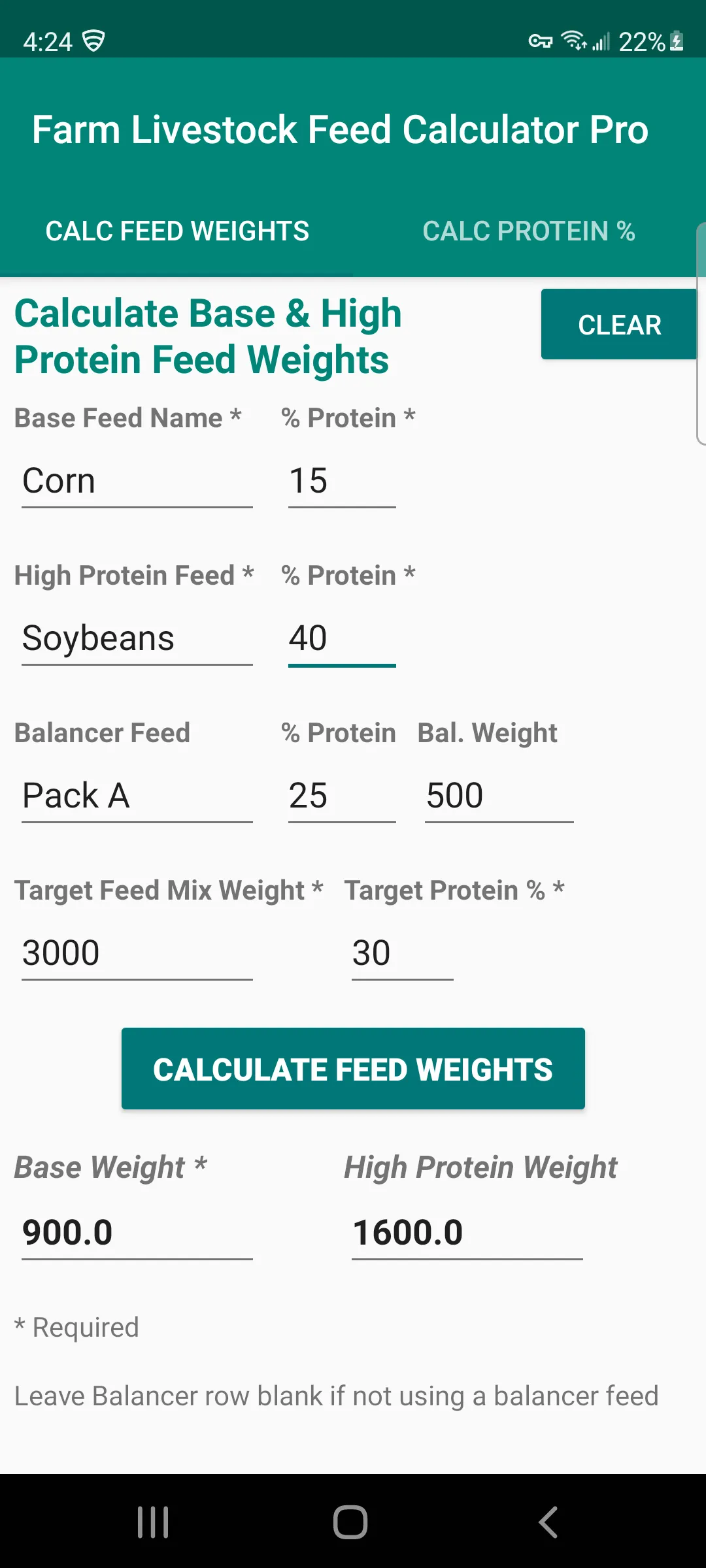 Screenshot from Starflower Solution's farm feed protein composition calculator app