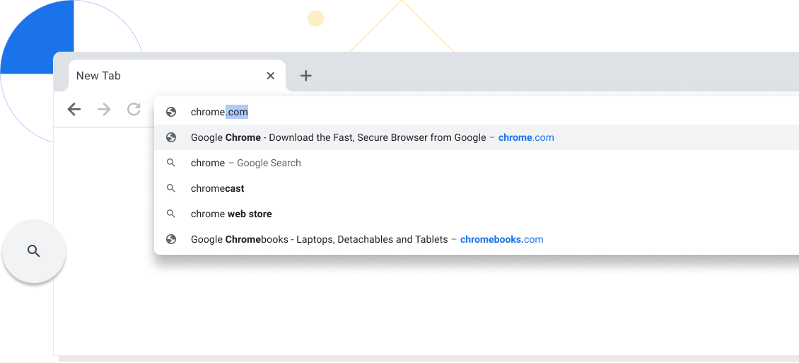 Imagine mărită a unei file noi dintr-o fereastră de browser Chrome cu chrome.com introdus în bara de adrese.
