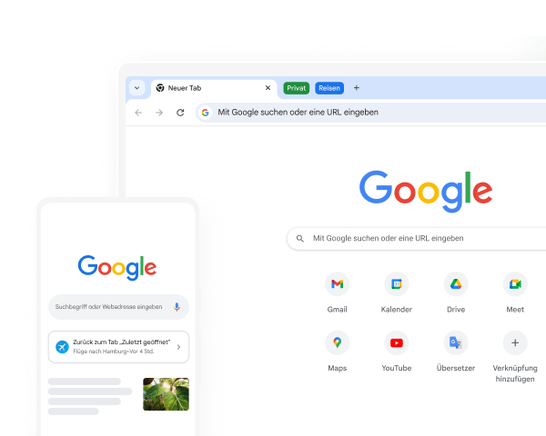 Auf einem Mobilgerät und einem Computer wird die Google-Startseite in Chrome angezeigt.