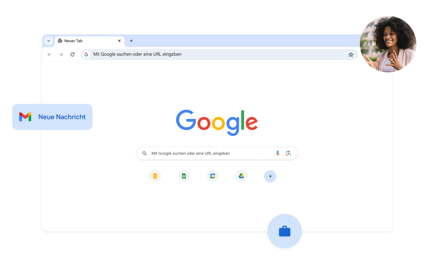 Der Hintergrund der Google Suche ist weiß. In einer Ecke ist ein Foto einer Frau.