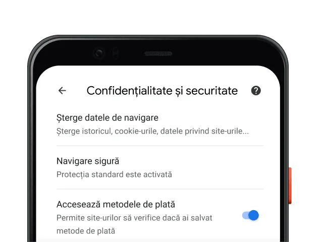 Pagina de setări de confidențialitate și securitate din browserul Chrome de pe un dispozitiv mobil.