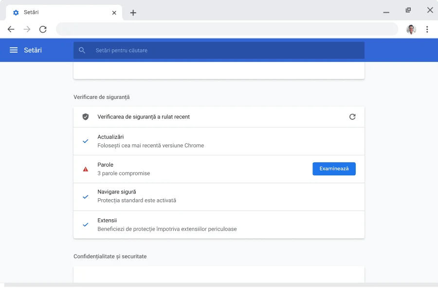 Fereastra browserului Chrome afișând setările de cont și de sincronizare pentru Conturile Google, acolo unde este activată sincronizarea.