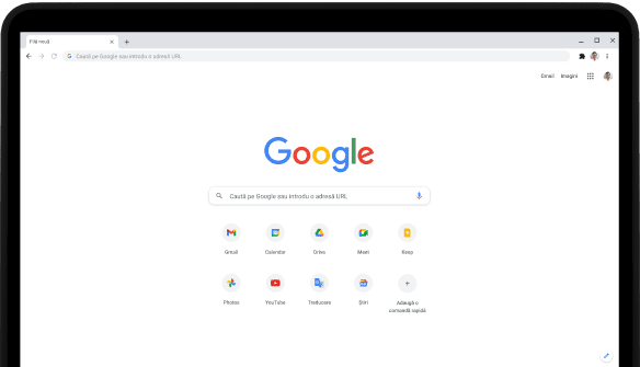 Colțul din stânga sus al unui laptop Pixelbook Go afișând pe ecran bara de căutare Google.com și aplicațiile preferate.