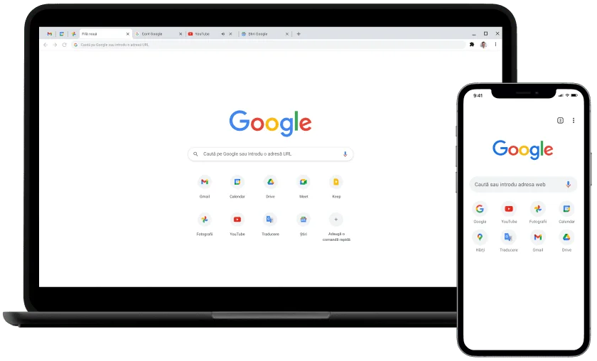 Laptop și dispozitiv mobil care afișează pagina de pornire Google.com.