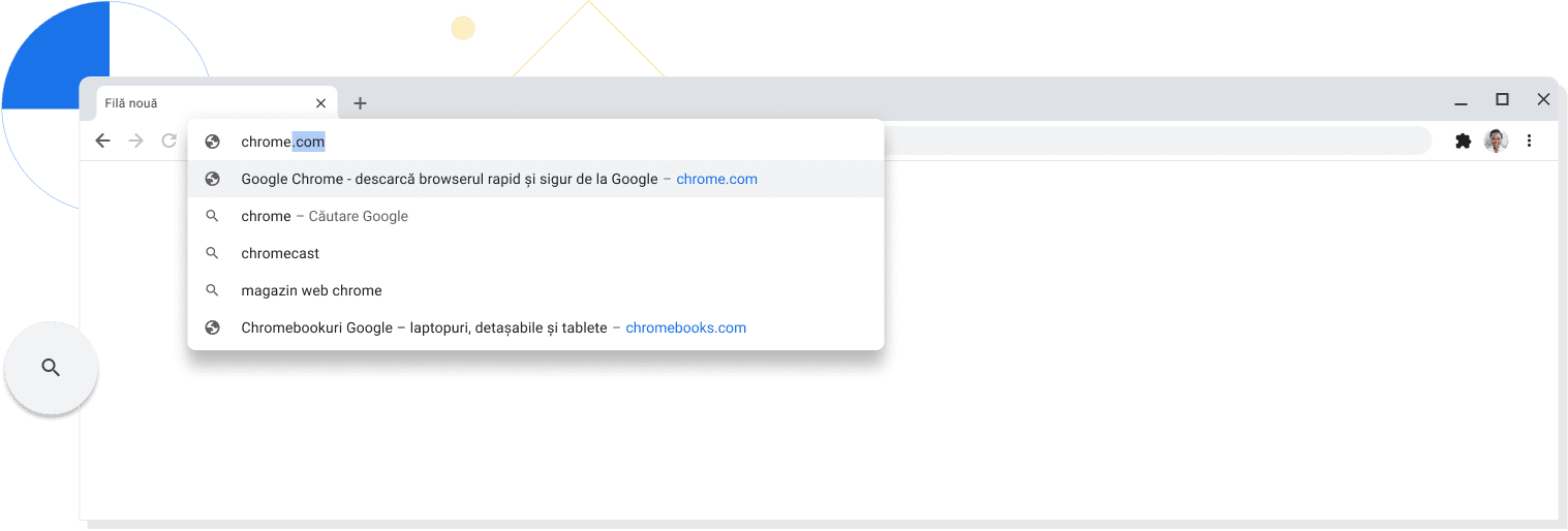 Imagine mărită a unei file noi dintr-o fereastră de browser Chrome cu chrome.com introdus în bara de adrese.