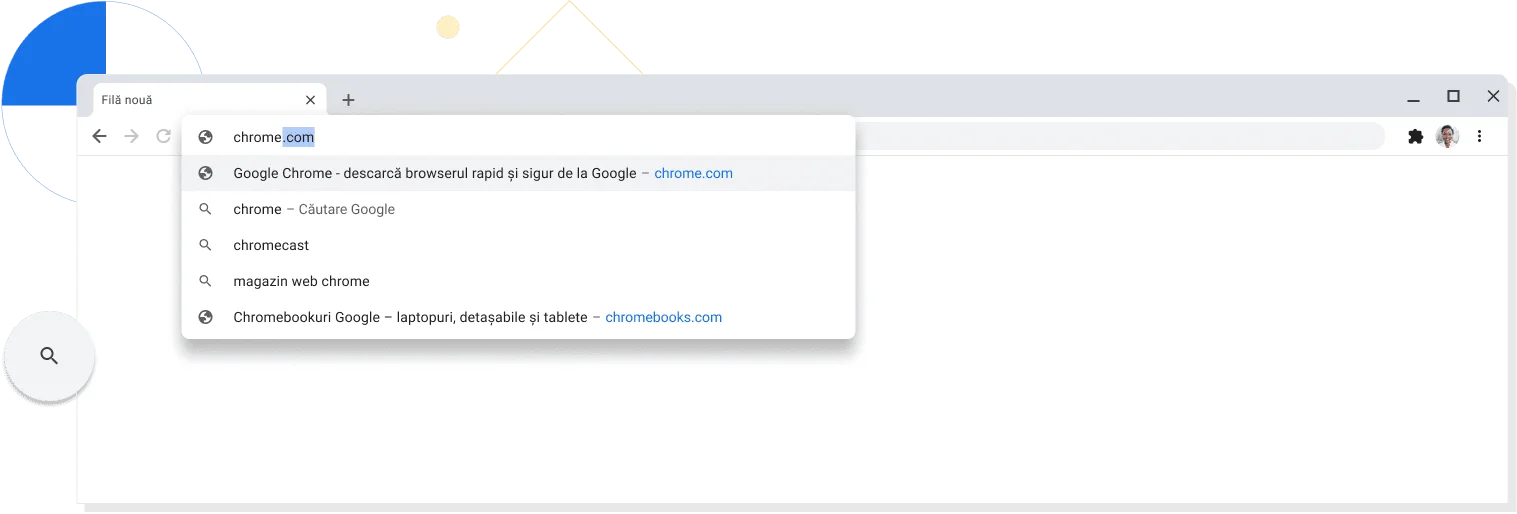 Imagine mărită a unei file noi dintr-o fereastră de browser Chrome cu chrome.com introdus în bara de adrese.
