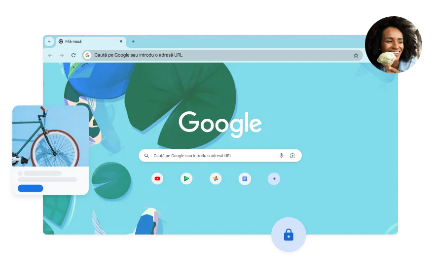 Fundalul paginii Căutării Google are o ilustrație albastră cu pești koi într-un iaz. În colț se află fotografia unei femei.