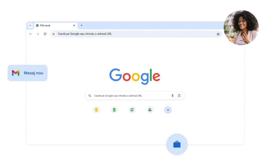 Fundalul paginii Căutării Google este alb. În colț se află fotografia unei femei.
