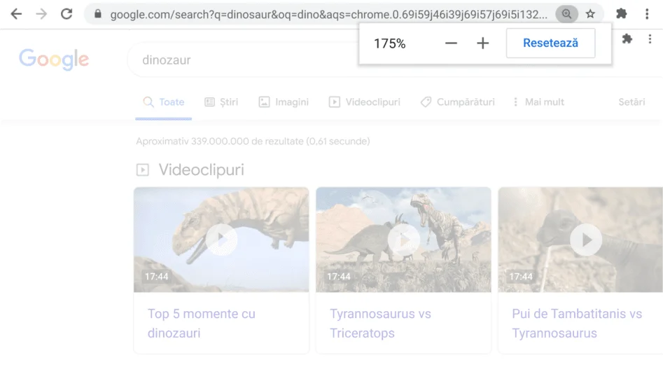 Fereastra browserului Chrome deschisă la o pagină web cu funcția Zoom activă.