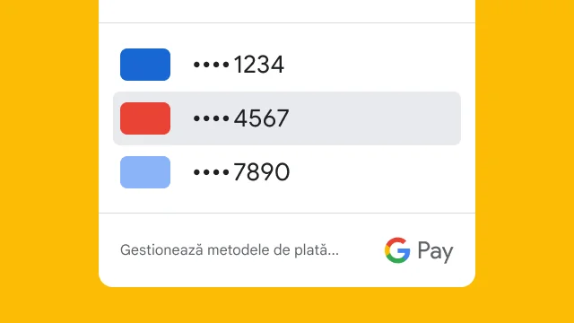 Google Pay afișează numai ultimele patru cifre pentru trei carduri de credit, din motive de securitate.