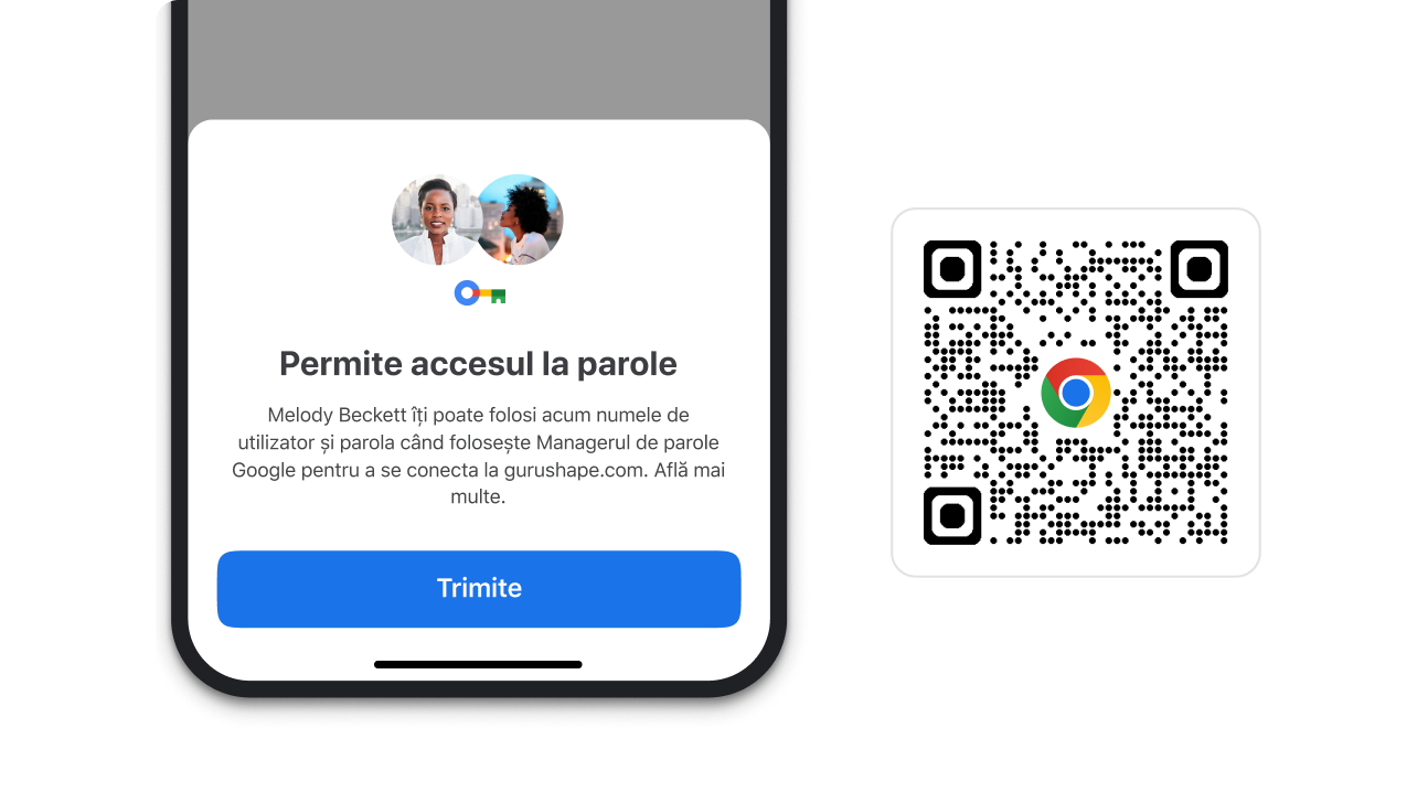 Un modul din Chrome din care poți să permiți accesul la parole. Lângă modul apare un cod QR care poate fi folosit pentru a descărca Chrome.