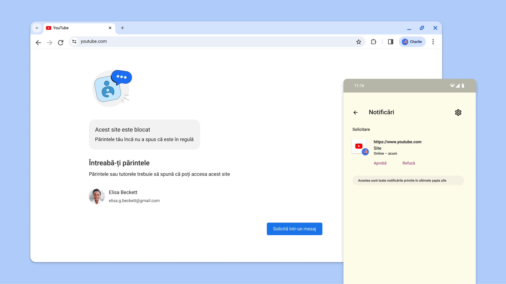 Site blocat folosind controlul parental și o notificare din Family Link privind aprobarea accesului