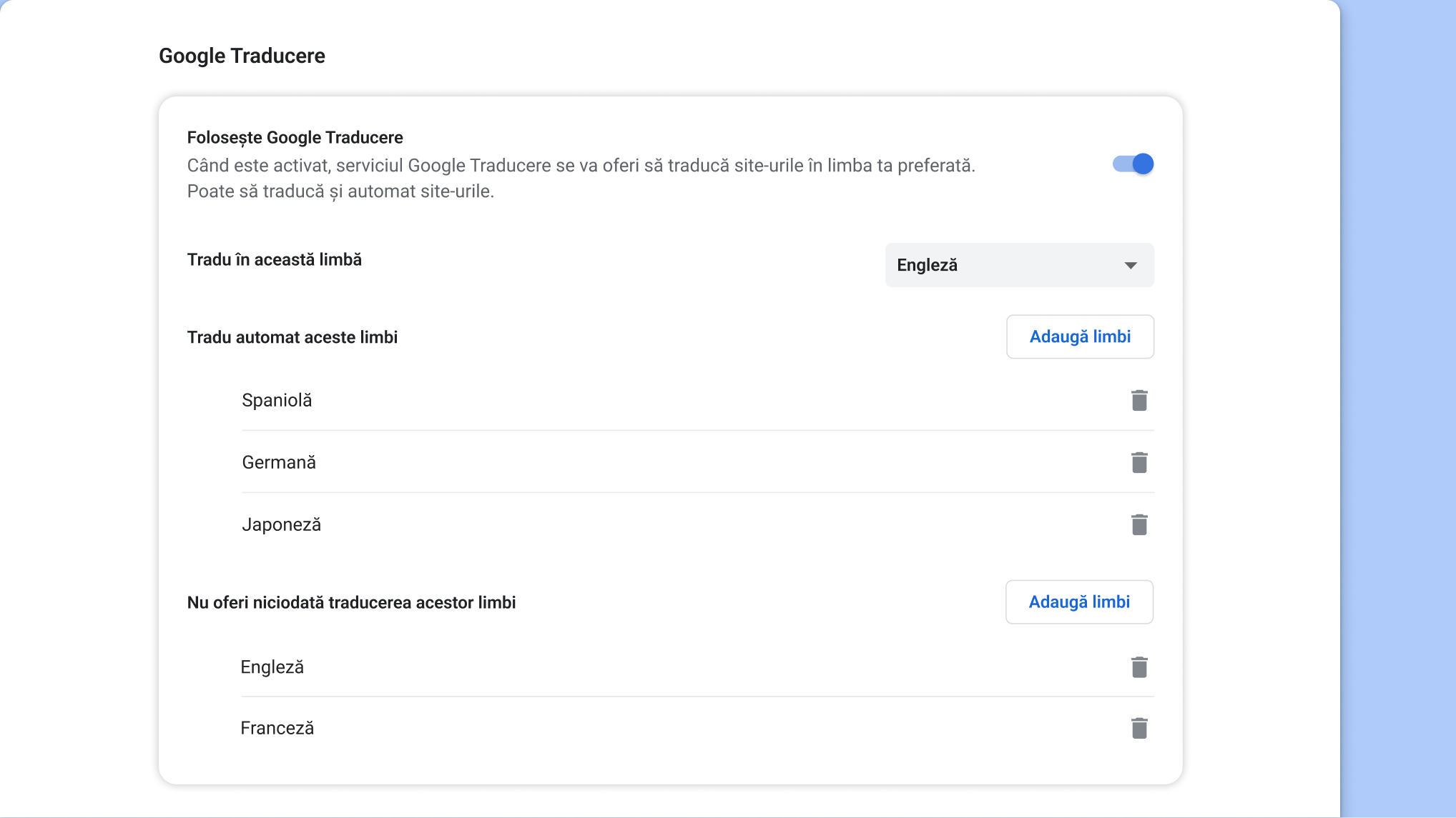 Pagina cu setări Google Traducere în Chrome