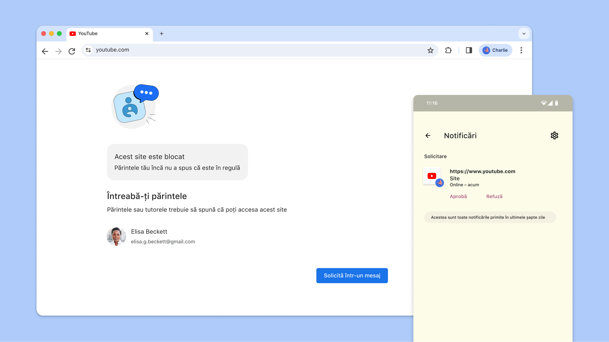 Site blocat folosind controlul parental și o notificare din Family Link privind aprobarea accesului