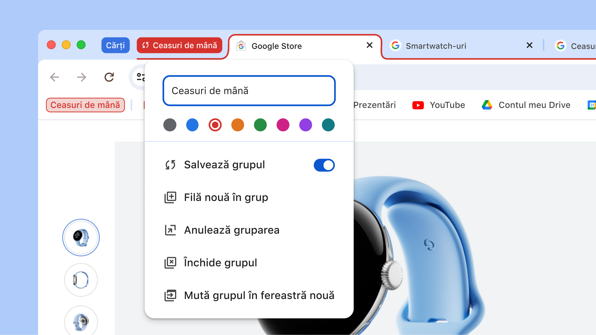 Meniu cu grupuri de file deschis, afișând noile opțiuni de salvare și ascundere a grupurilor