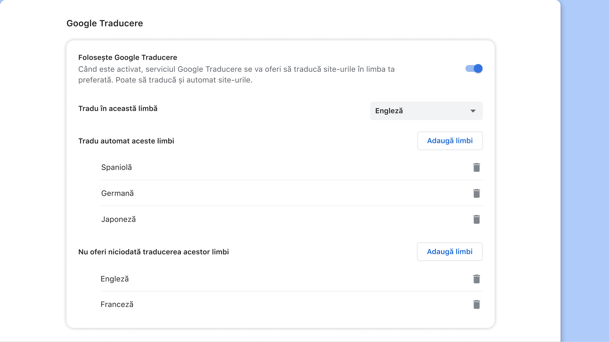 Pagina cu setări Google Traducere în Chrome