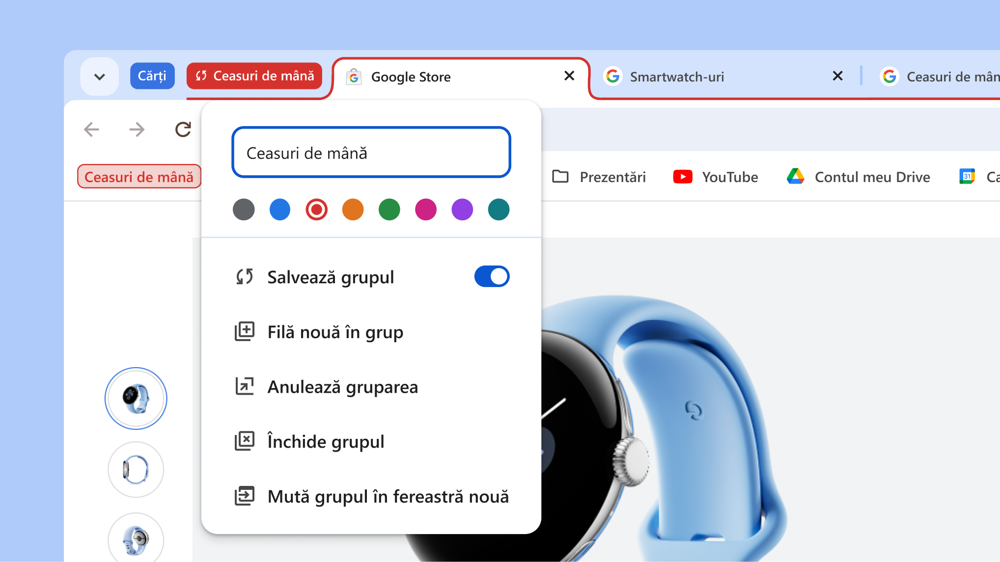 Meniu cu grupuri de file deschis, afișând noile opțiuni de salvare și ascundere a grupurilor