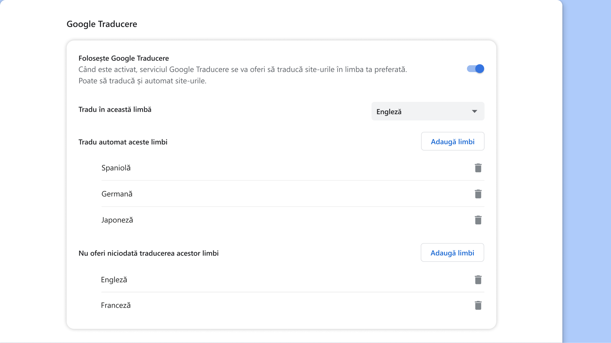 Pagina cu setări Google Traducere în Chrome