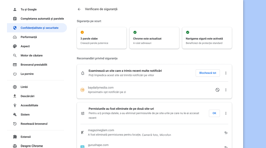 Verificarea de siguranță Chrome rulează în fundal pentru a verifica problemele de confidențialitate și siguranță, apoi afișează starea siguranței tale, precum și alte recomandări relevante pentru îmbunătățirea acesteia.