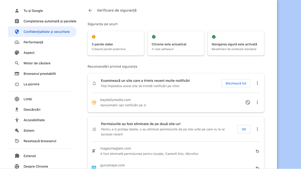 Verificarea de siguranță Chrome rulează în fundal pentru a verifica problemele de confidențialitate și siguranță, apoi afișează starea siguranței tale, precum și alte recomandări relevante pentru îmbunătățirea acesteia.