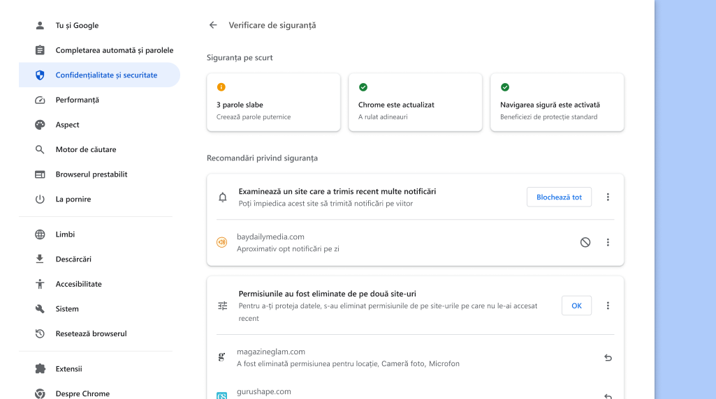 Verificarea de siguranță Chrome rulează în fundal pentru a verifica problemele de confidențialitate și siguranță, apoi afișează starea siguranței tale, precum și alte recomandări relevante pentru îmbunătățirea acesteia.