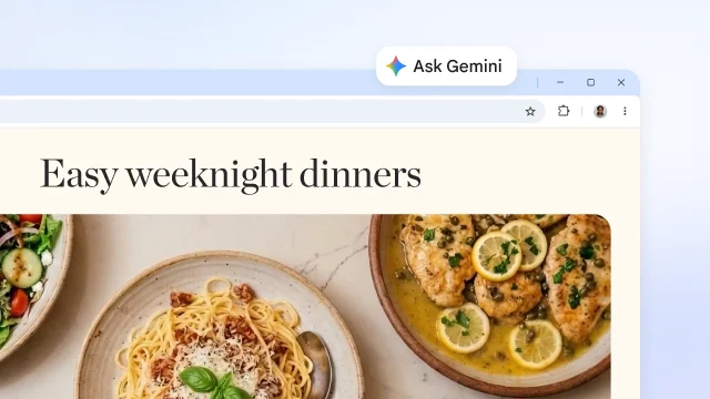 Chrome browser mockup demonstrating the 'Ask Gemini' tool and AI Innovations on the Chrome website.