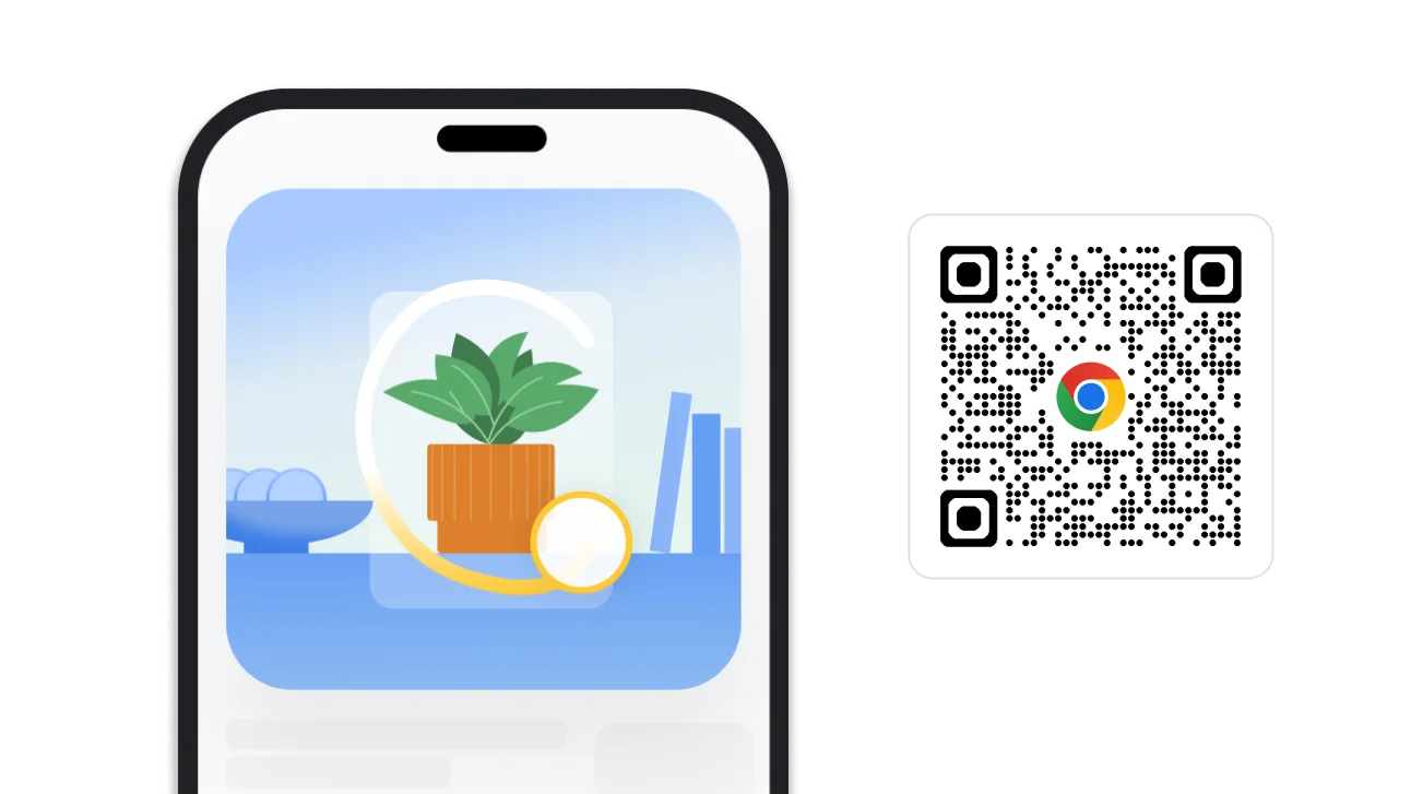O imagine cu căutarea prin desenare din Chrome. Lângă imagine apare un cod QR care poate fi folosit pentru a descărca Chrome.